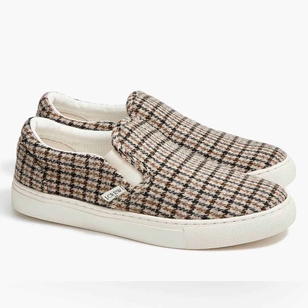 J. Crew Women’s Plaid Road Trip Slip-On Sneakers im Dusty Tan Houndstooth Sz 6.5